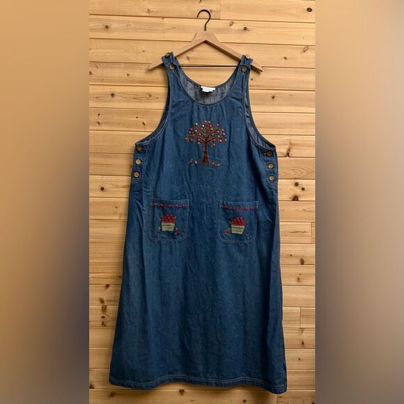 Vintage Casey Coleman Sz 1X Sleeveless Denim Apple Button Applique Dress Teacher - Picture 1 of 13